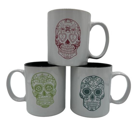 Sugar Skull Day of the Dead Mugs Set of 3, 8 oz Pink Lime Teal - Picture 3 of 6